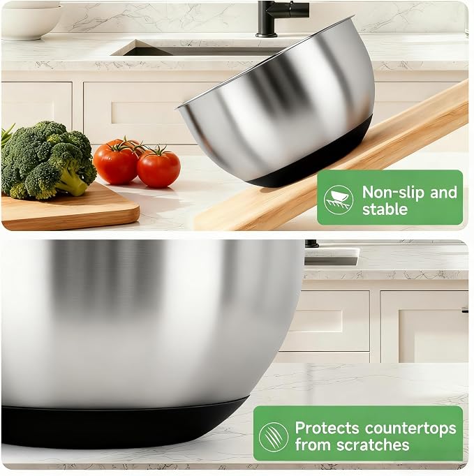 Mixing Bowls with Clear Airtight Lids, 3-Piece Stainless Steel Set, Black | Silicone Vent Plug, Secure Seal Design, 1.5/3/5 QT, Dishwasher-Safe Lids, Non-Slip Base, Measurement Marks, Nesting Design