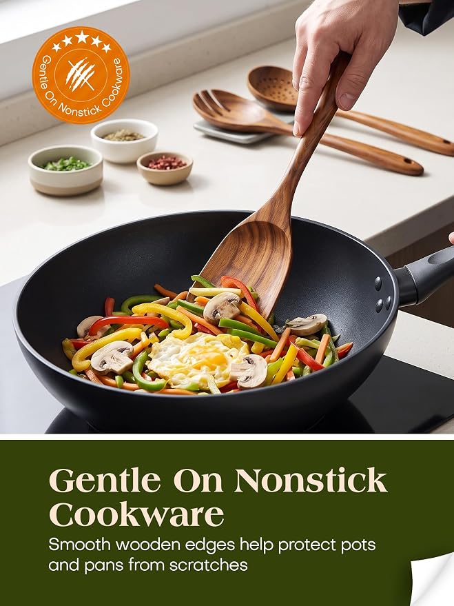 Wood Utensils Set for Cooking, Teak Wooden Utensils Set Wood Spatula for Nonstick Cookware Kitchen Utensils Set 5