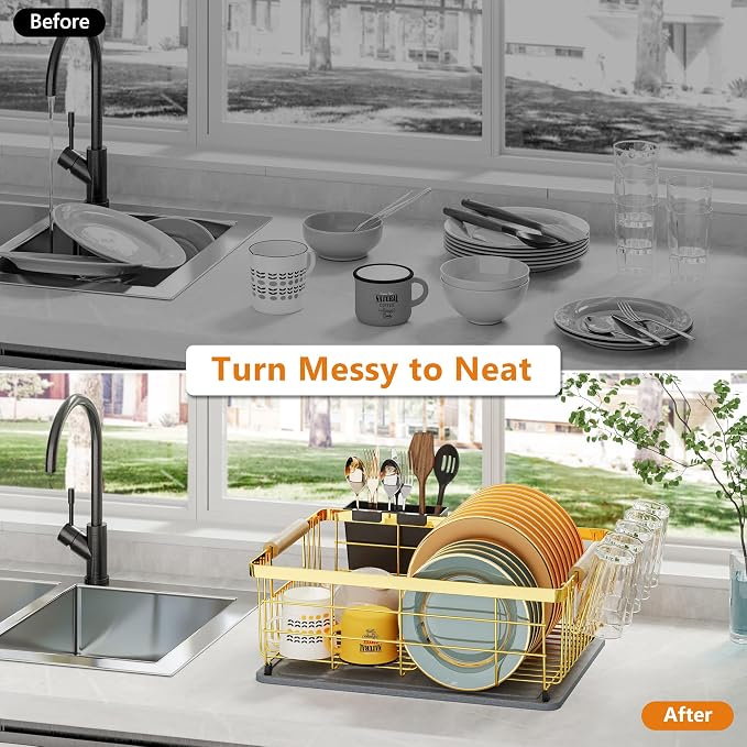 Dish Drying Rack Gold with Diatomaceous Earth No Installation Required | Save Space