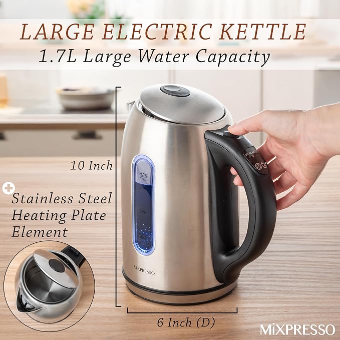 Moss & Stone Stainless Steel Electric Kettle Temperature Control, 1.7L | Large, portable hot water tea kettle, cordless fast boiling pot, boil-dry protection, auto shut-off, 2 hr keep warm