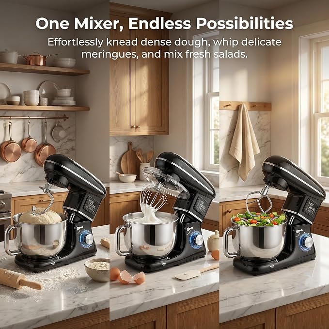 Electric Stand Mixer with LED Display & Timer 6.5QT Bowl Stainless Steel, 1350W 6-Speeds Kitchen Stand Up Mixer for Baking Cakes Cookie Bread Salad Food with Egg Whisk, Dough Hook, Beater