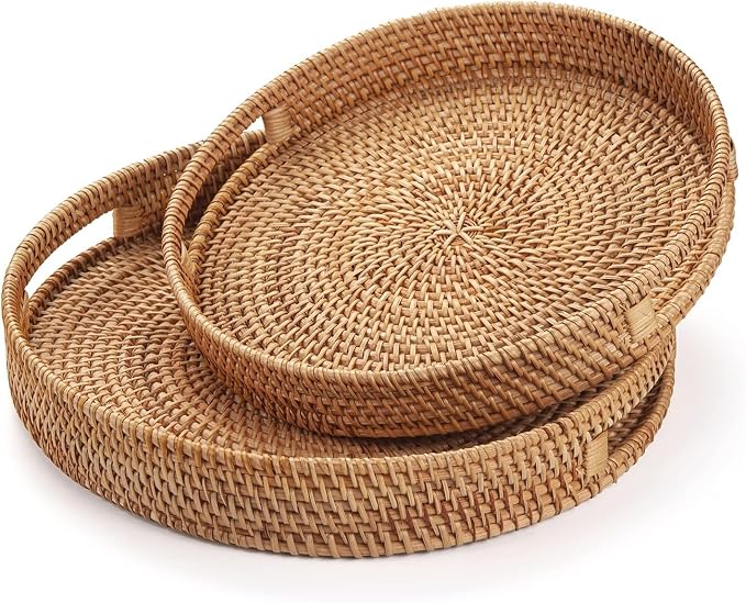 2 Pack Round Rattan Tray, Hand Woven Serving Tray with Handles, Wicker Serving Basket, Decorative Tray for Home Decor, Natural (11.8 + 14 inch)