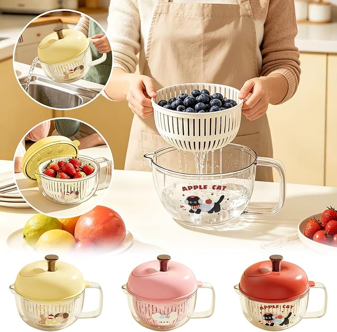 Salad Washer and Spinner with Bowl, Fruit and Vegetable Washer & Dryer, Vegetables Fruits Wash Bowl for Blueberries, Grapes & Cherry Tomatoes, Easy-Clean Kitchen Gadget for Greens (Pink)