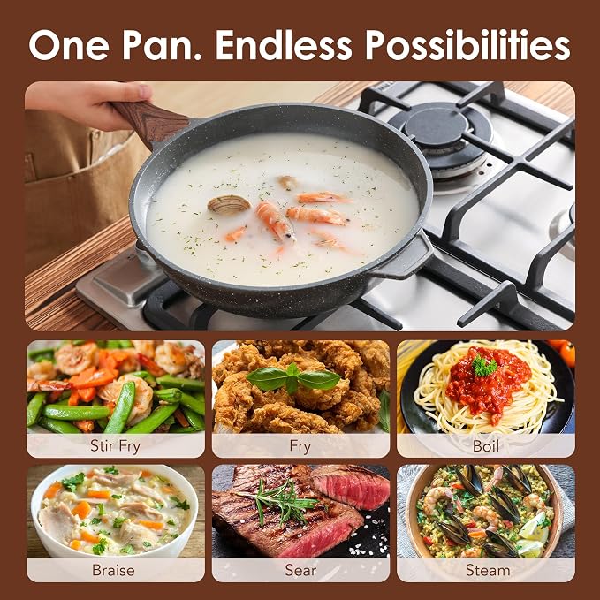 SENSARTE Nonstick Wok Pan with Lid 11Inch, Healthy Stir-fry Pan Chef's Pan | Induction Cookware, Swiss Granite Coating, Even & Fast Heating, Non stick Frying Pan Skillet, Stay-cool Handle, PFOA Free