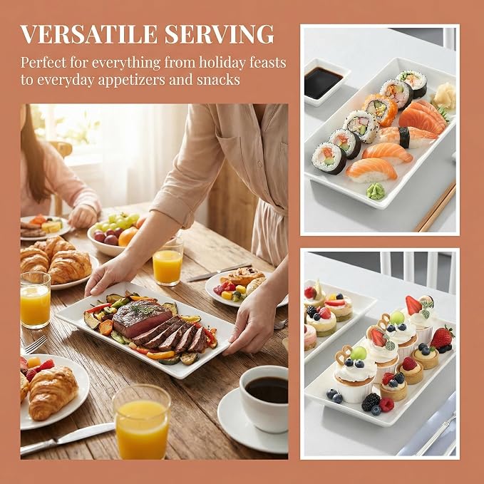 12" Serving Platters Set of 4, White Rectangular Plates, Ceramic Serving Tray, Stackable Large Party Plates for Appetizer, Dessert, Steak, Sushi, Housewarming Gift, Oven Dishwasher Safe