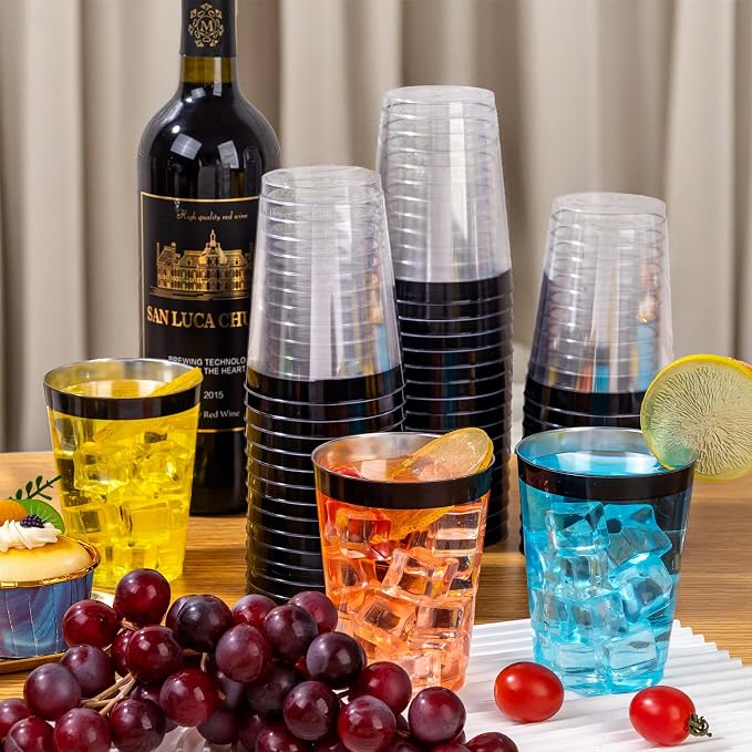 DaYammi 100 Pack Black Plastic Cups 10Oz Clear Disposable Cups with Black Rim, Clear Cocktail Cup Heavy Duty Disposable Wine Glasses Disposable Fancy Plastic Cups for Party Wedding