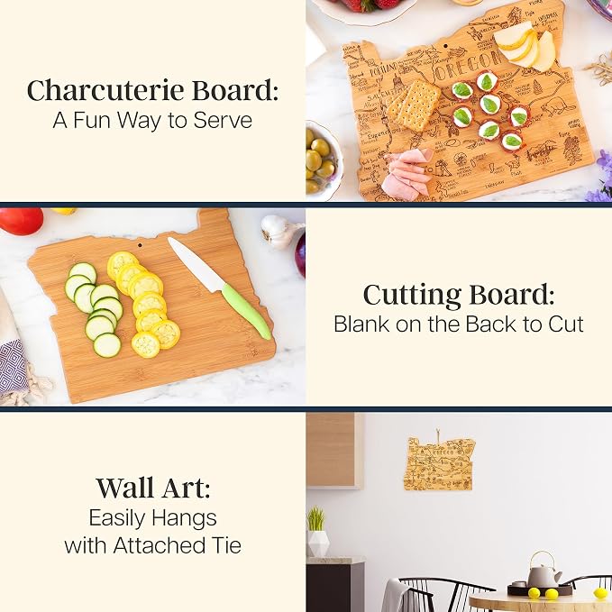 Totally Bamboo Destination Oregon State Shaped Cutting Board | State charcuterie serving board with engraved map artwork. Smooth reverse side for food prep. Hang tie for wall display.