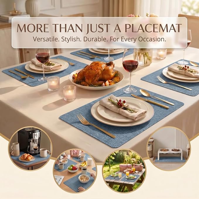 Faux Leather Placemats Set of 6, Wipeable Waterproof Stain Resistant Table Mats, Heat Resistant Thick Placemats with Hand-Painted Edges for Kitchen Dining, Imitative Linen Texture, Various Shapes