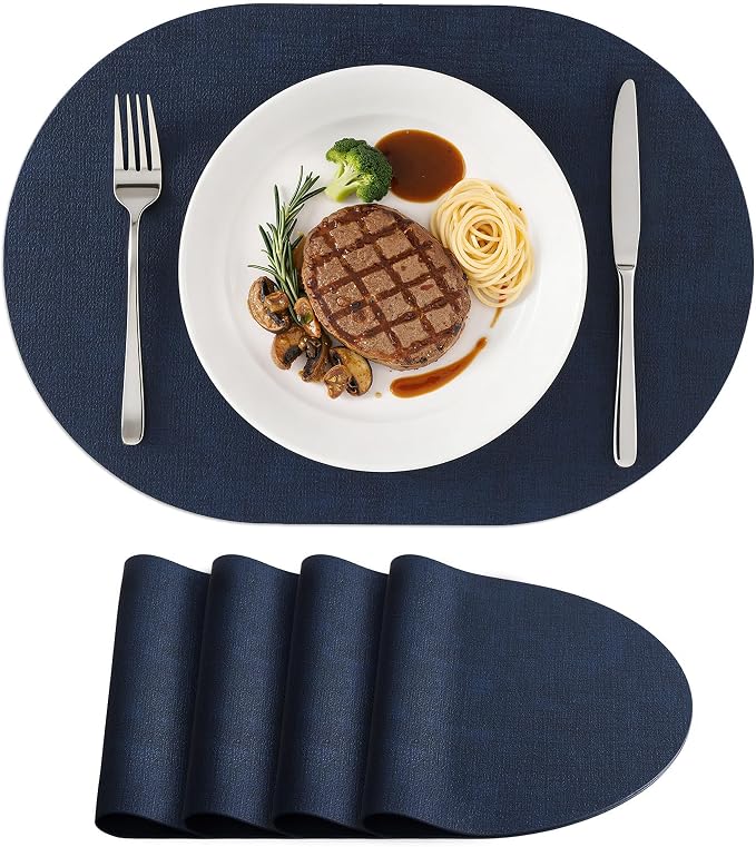 Placemats Set of 4, 11.8 x 17 Inch, Navy | Heat Resistant Oval Faux Leather Place Mats, Waterproof Wipeable Reversible PU Placemat, Indoor & Outdoor