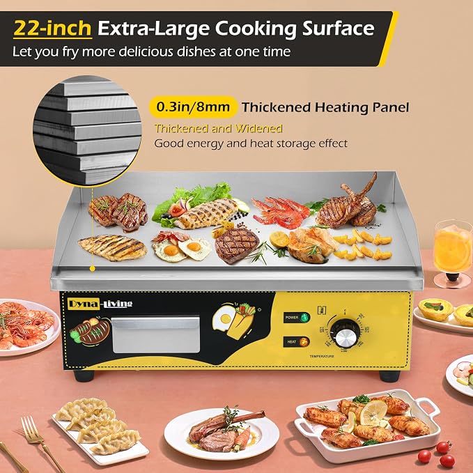 Dyna-Living Commercial Electric Griddle 22'' Stainless Steel Flat Top Grill | 3000W Countertop Flat Top Griddle Indoor Teppanyaki Grill for Restaurant, Non-Stick, Easy to Clean, 122℉-572℉ Temp Adjustable