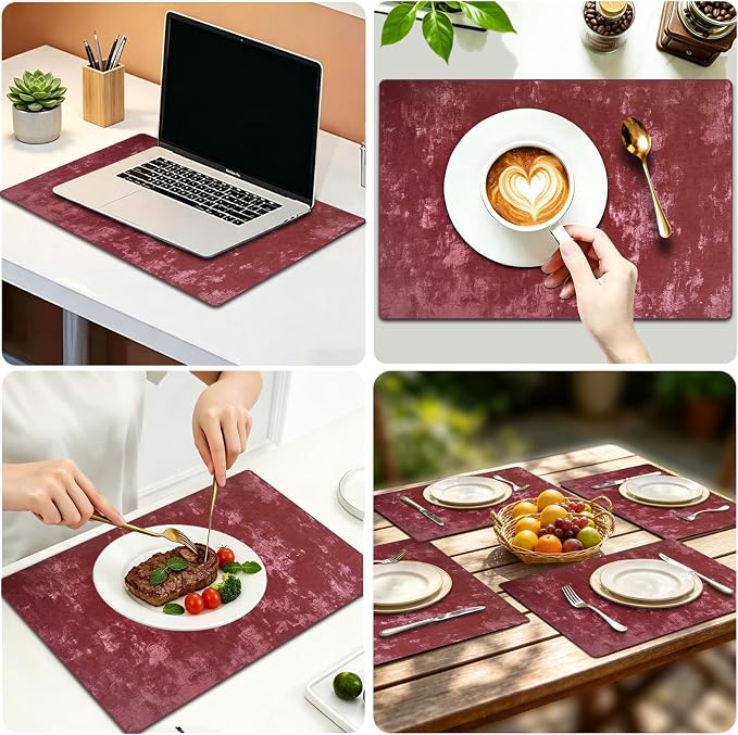 Faux Leather Placemats Set of 4, 11.8"x17.7", Burgundy | Reversible Table Mats, Waterproof, Stain & Heat Resistant, Easy Clean for Dining, Gatherings, Outdoor