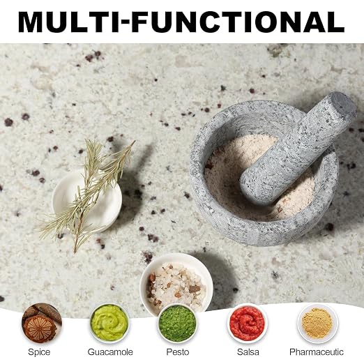 5 Inch 1.5 Cup-Capacity Mortar and Pestle Set - Heavy Natural Granite Spice Grinder Bowl, Unpolished Heavy Granite for Organic Appearance, Solid Stone Grinder Marble Spice Herb Grinder