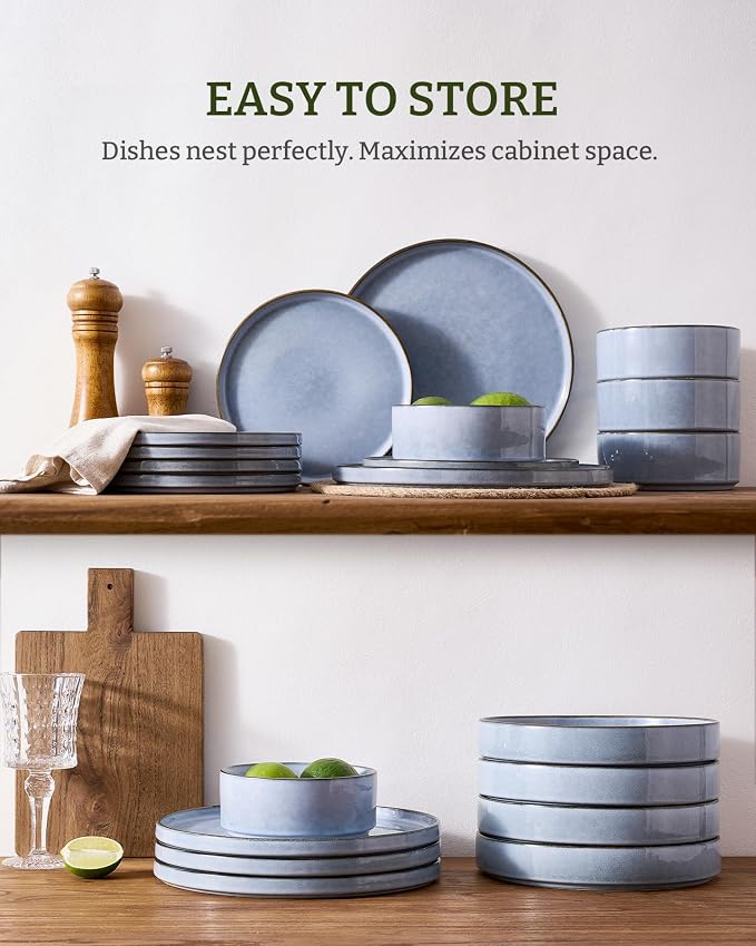 Famiware Annecy 12-Piece Stoneware Dinnerware Set, Reactive Blue | Stoneware Plates and Bowls for 4, Handmade Reactive Glaze, Microwave & Dishwasher Safe, Chip & Scratch Resistant