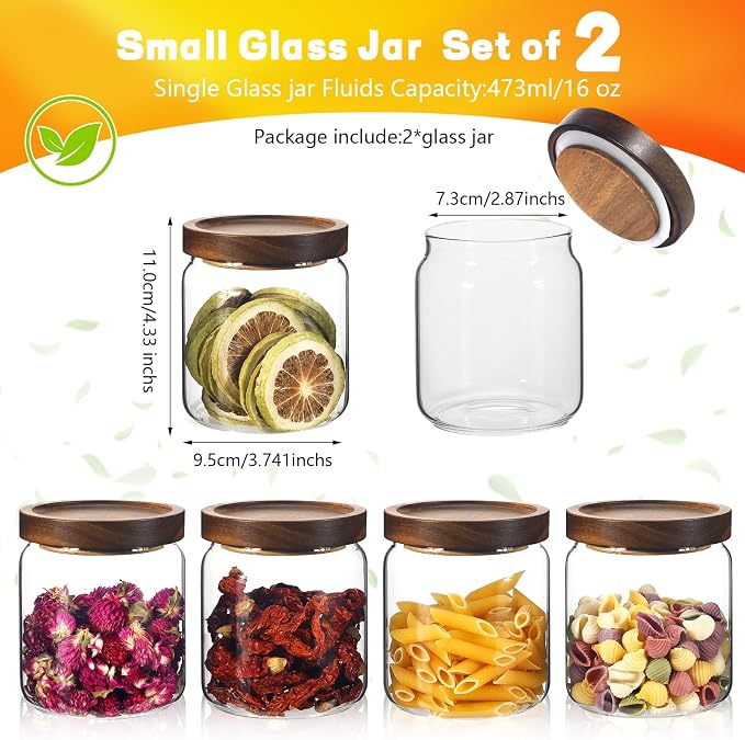 Glass Spice Jars Seasoning Containers Small Glass Jars with Lids Airtight Food Storage Canister for Kitchen Pantry Sugar Tea Coffee Bean Nuts Cookies Herbs Salt (16oz/473ml*2 Pcs)