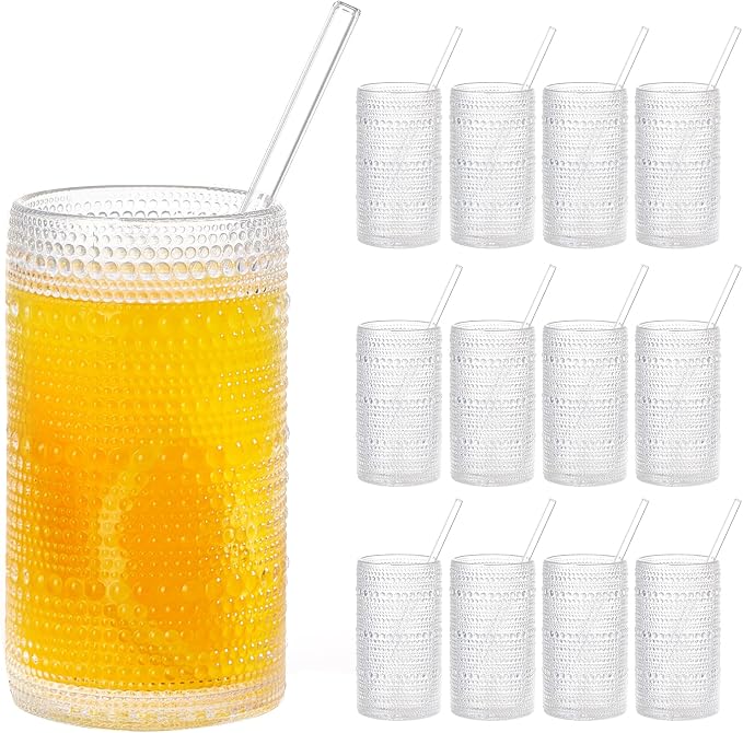 16oz Hobnail Drinking Glasses Set of 12, Vintage Large Capacity Embossed Clear Tumblers, Highball Glasses for Water, Cocktail, Beer, Whiskey, Juice & Bar Use