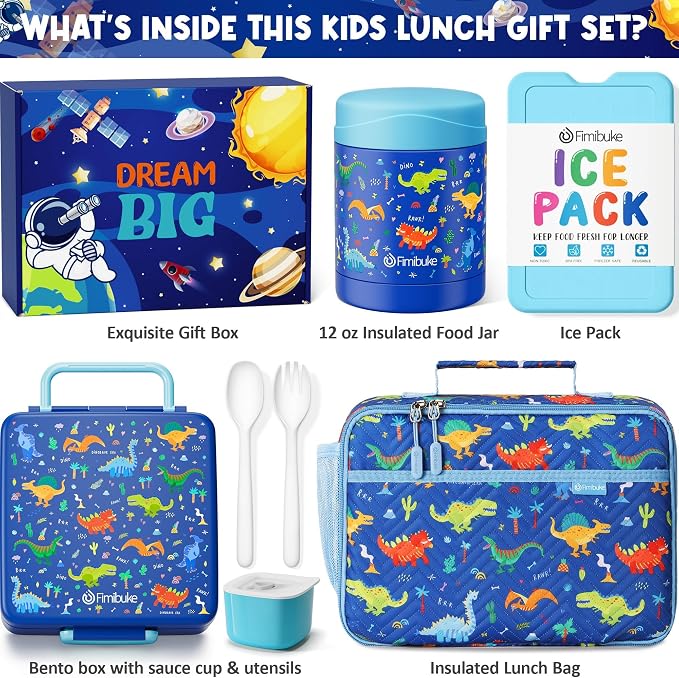 Fimibuke Kids Bento Snack Lunch Box with 4 Compartment, Insulated Lunch Bag, Stainless Steel Vacuum Thermo Food Jar, Ice Pack, Utensils Set, Birthday Gifts for Age 3-12 Back to School Toddler Girl Boy | Lunch Box Kids with 4 Compartment, Food Jar, Ice ...