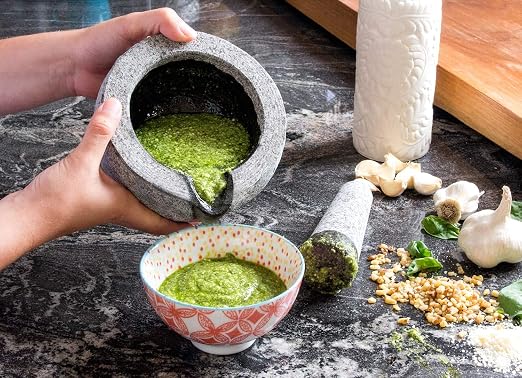 Granite Mortar and Pestle Set – Guacamole Bowl Traditional Molcajete, Large 15Fl Oz 2 Cup Capacity, Natural Stone Grinder with Pouring Spout + Bonus Recipe Ebook, Anti Slip Pad, Organic Cleaning Brush