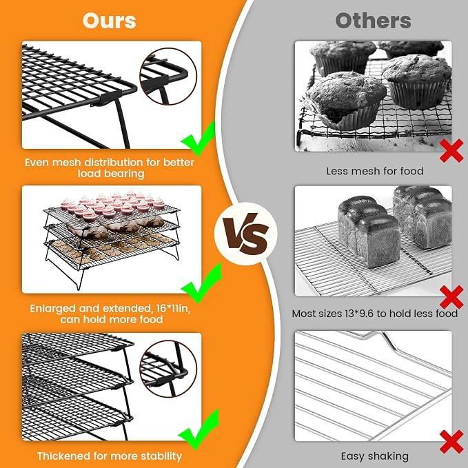 Cooling Racks for Cooking and Baking, 3-Tier Stackable 17x11 Inch | Cookie Cooling Rack for Baking, Wire Baking Rack for Cookies, Cakes and Bread, Tiered Design for Countertop Space Saving