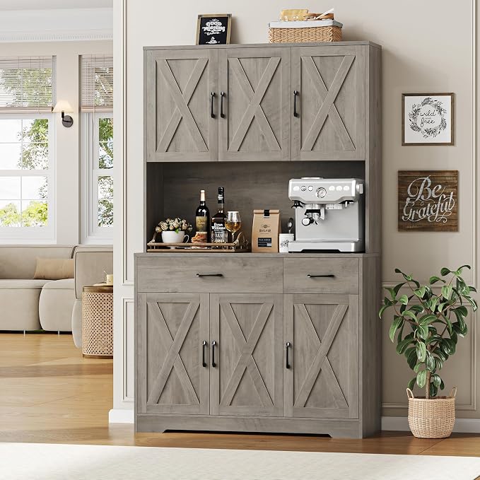 HOSTACK 71" H Kitchen Pantry Storage Cabinet, Farmhouse Hutch Cabinet, Grey | Space-Saving Pantry Cabinet with Charging Station & 2 Large Drawers & Adjustable Shelves, Tall Kitchen Hutch, Dining Room