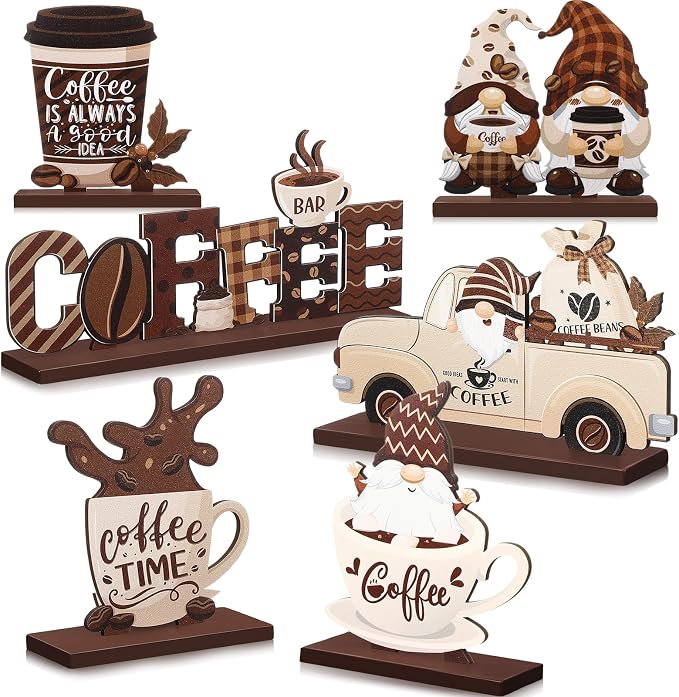 Blosssound Coffee 6 Pcs Bar Sign Bar Decor Accessories,Brown | Farmhouse Coffee Wood Tiered Tray Table Centerpiece, Gnomes Truck, Rustic Bar Accessories, Kitchen Counter Home Tabletop