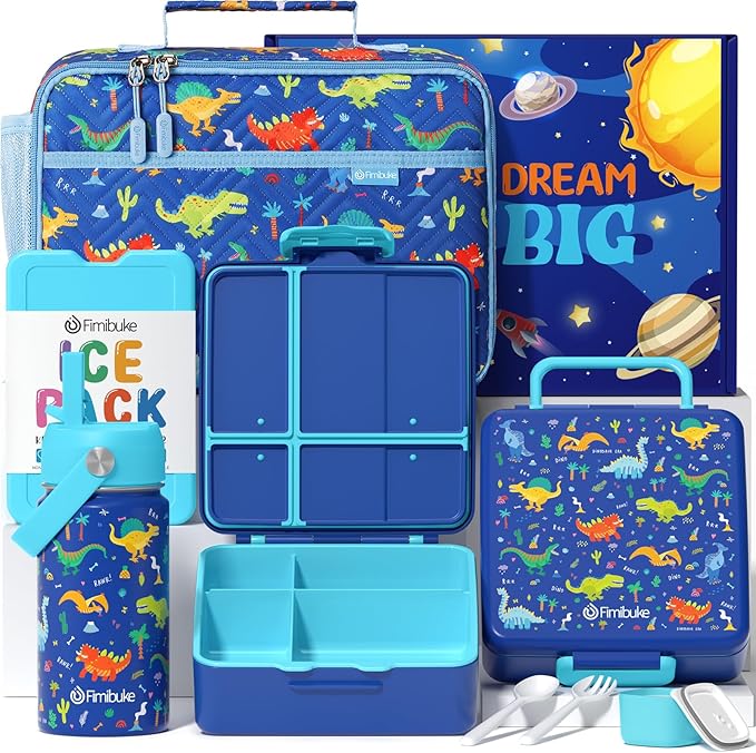 Fimibuke Kids Bento Lunch Box with Toddler Insulated Water Bottle Lunch Bag | Lunch Box Kids with 4 Compartments, Ice Pack & Utensils Set, Birthday Gifts for Ages 3-12 Back to School Toddler Girls Boys