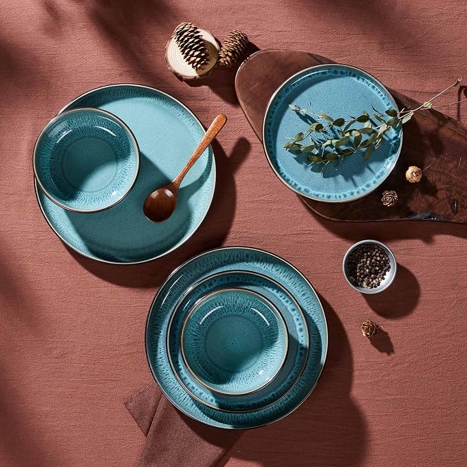 LIANYU 24 Piece Dinnerware Sets for 8, Ceramic Dishes Set, Pastel Turquoise | Modern Stoneware Plates and Bowls, Round Dinner Dinning Ware Set for Family Dinner, Dishwasher & Microwave Safe