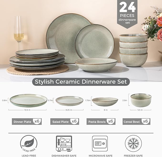 GBHOME Dinnerware Sets for 6, 24 Pieces Ceramic Plates and Bowls Set | Scratch Resistant Stoneware Dishes Set, Dishwasher & Microwave Safe, Reactive Glaze-Green Wheat
