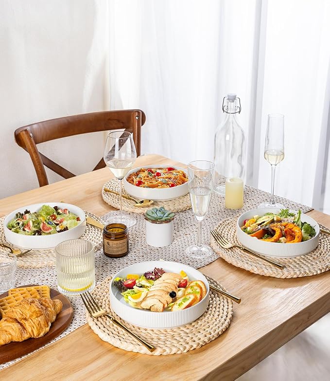 7.5" Ceramic Pasta Bowls Set of 4, Salad Bowls | Versatile Serving Bowls for Pasta, Salad, Fruit & Noodles, Housewarming & Wedding Gift, Bright White