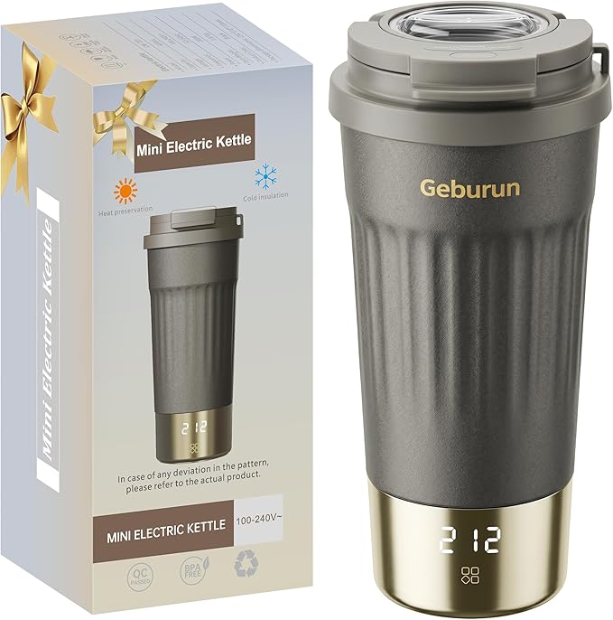 Travel Electric Kettle Portable Water Boiler, 400ml Small Tea Maker with 6 Temp Settings LCD Display, 316 Stainless Steel Vacuum Insulated Tumbler, 100V-240V, Travel Gifts for Men Women(Titanium Gray)