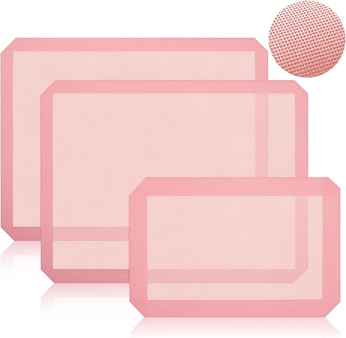 3 Pack Perforated Baking Mats, Eclair Pink Silicone Nonstick Mats | 2 Half Sheets & 1 Quarter Sheet, Pink Reusable Oven Liners, Baking Supplies for Cookies Bread Pizza Pastry, 16.5" x 11.6"