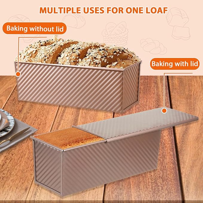 Non-Stick Pullman Loaf Pan with Lid 13x4 Inch - 2.2lb Carbon Steel Bread Baking Pan with 4 Vent Holes, Heavy Duty Sourdough Loaf Pan with Cover for Homemade Sandwich Bread (Gold)