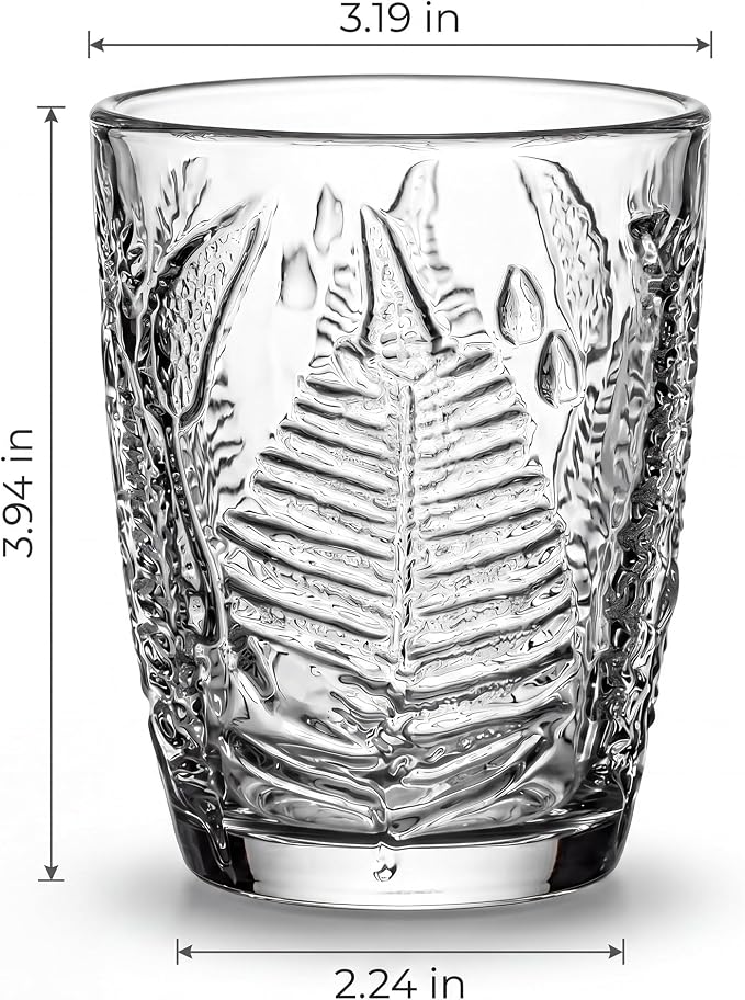 Clear Drinking Glasses Set of 4, 10 oz Glass Cups, Vintage Fern Glassware | Hand-Pressed, Dishwasher Safe, Boho Leaf-Textured Drinkware, Decorative Embossed Lowball Tumblers for Water, Retro Kitchen