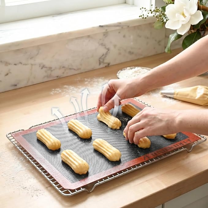Perforated Silicone Baking Mats - Eclair Mat, Full Sheet 15x23in, Pack of 2 | Eclair Silicone Baking Mat, Nonstick Reusable Breathable Air Mat, Heat Resistant, For Pizza, Pastry, Pie Crust, Sugar Cookie