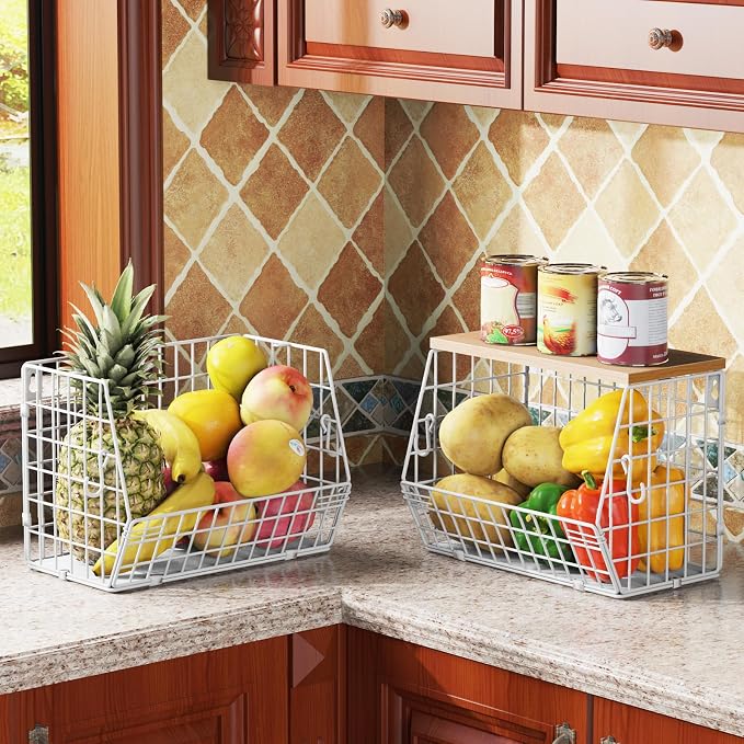 White Fruit Bowl Wire Basket Storage Pantry Fruit and Vegetable Storage Fruit Basket for Kitchen Counter Stackable Wall Mounted Hanging Basket Wire Basket with Wood Lid with Hanger Hooks