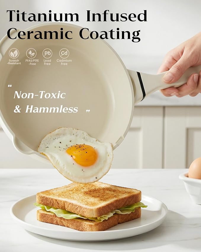 FDN 8" Ceramic Non Stick Frying Pans With Lid, Titanium Pans for Cooking, Non-Toxic PFAS-Free, Induction & Oven-Safe Cookware, Cream White For Daily Cooking