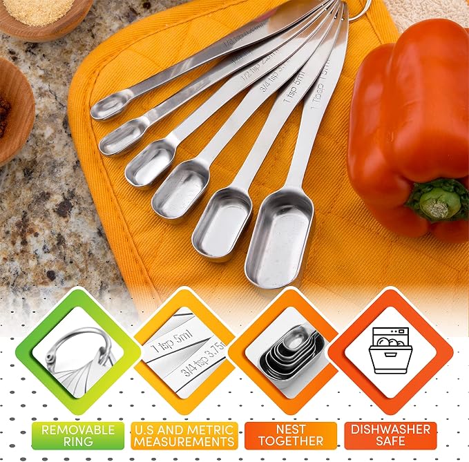Spring Chef Nesting Stainless Steel Measuring Spoons Set of 7 with Leveler | Rectangular Metal Teaspoon & Tablespoon Measuring Spoons for Dry & Liquid Ingredients, Fits in Spice Jars, Long Handle