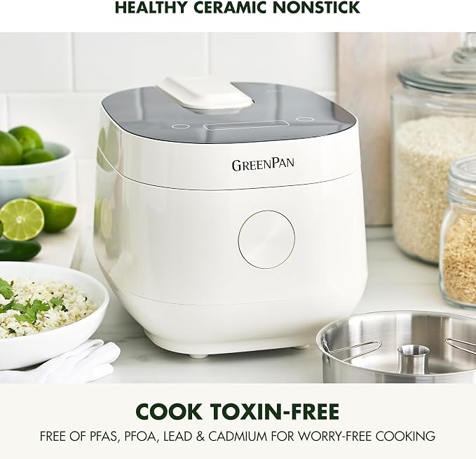 GreenPan Rice Cooker, 8 Cups Cooked (4 Uncooked), Low-Carb & Soup Mode,10 ONE-TOUCH Cooking Presets, PFAS-Free Ceramic Steamer Basket, Fuzzy Logic, Auto Keep Warm, Oats, 24HR Delay Timer, Cream