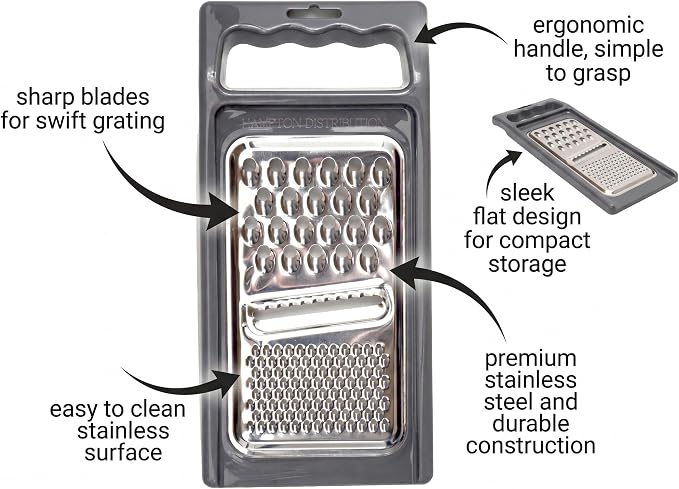 Cheese Grater with Handle, Stainless Steel, Cheese Shredder, Fruit and Vegetable Zester, Multifunction Kitchen Tool, Hampton Distribution