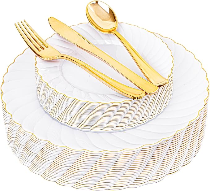 YOUBET 125PCS White and Gold Plastic Plates for Wedding Parties | White Plates Disposable with Gold Rim Include 25 Dinner Plate 25 Dessert Plate 75 Gold Silverwares