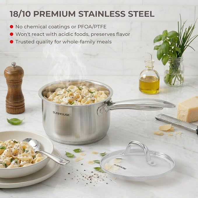 SUNHOUSE 3 QT Stainless Steel Saucepan with Lid, 3-Ply Small Sauce Pot | 18/10 Stainless Steel Pot For Cooking - Induction Compatible Milk Pan - PFOA Free, Oven & Dishwasher Safe Sauce Pan