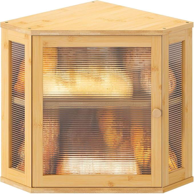 Corner Bread box for Kitchen Countertop,Farmhouse Bread Box with Acrylic Wavy Door Panel,Large Bread box for kitchen countertop,Kitchen Countertop Food Storage Container (Natural, Meduim)