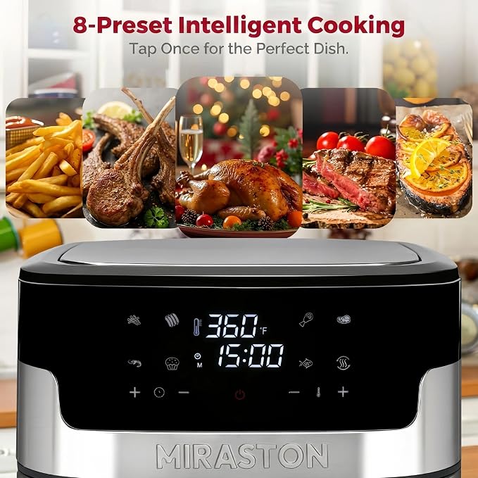 8.5QT Digital Air Fryer, XL Stainless Steel Oven with Clear Window | HEALTHY COOKING: Large air fryer for 5-6 people; PFAS-free coating for toxin-free meals & effortless dishwasher clean.