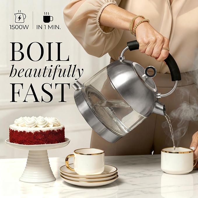 Styled Settings Glass Electric Kettle with Temperature Control, Silver | BPA and Plastic Free Electric Kettle with Keep Warm Function, Borosilicate Glass - Fast 1500W Hot Water Boiler, Auto Shut-Off