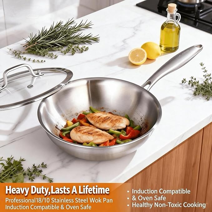 DELARLO Whole Body Tri-Ply Stainless Steel Wok 9.45 inch, Deep Kitchen Stir-Fry Pan, Small Wok Pan with Lids, Induction Mini wok, Suitable for All Stove, Up to 600℉, Detachable Handle