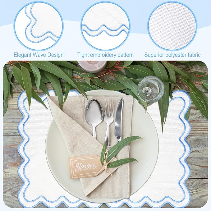 HunnmingRe White with Blue Set of 6 Cotton Linen Wedding Placemats, 13x19 Inch Scalloped Wavy Embroidery Placemat Double Layered Washable Rustic Rectangle Dinner Table Mat for Home Decor