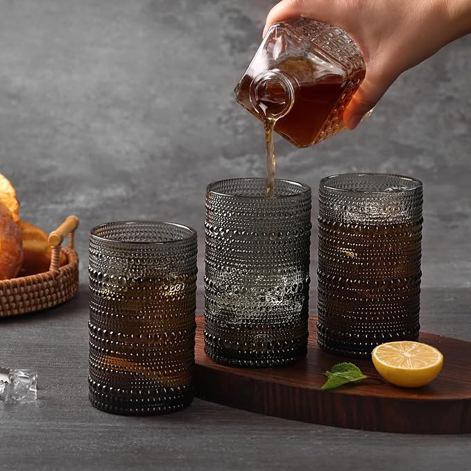 Moretoes 12 Pack 15 Oz Gray Large Hobnail Drinking Glasses Set | Vintage Glassware,Embossed Glass Cups,Water Tumbler,Highball Glasses For Beer, Juice And Various Mixed Drinks