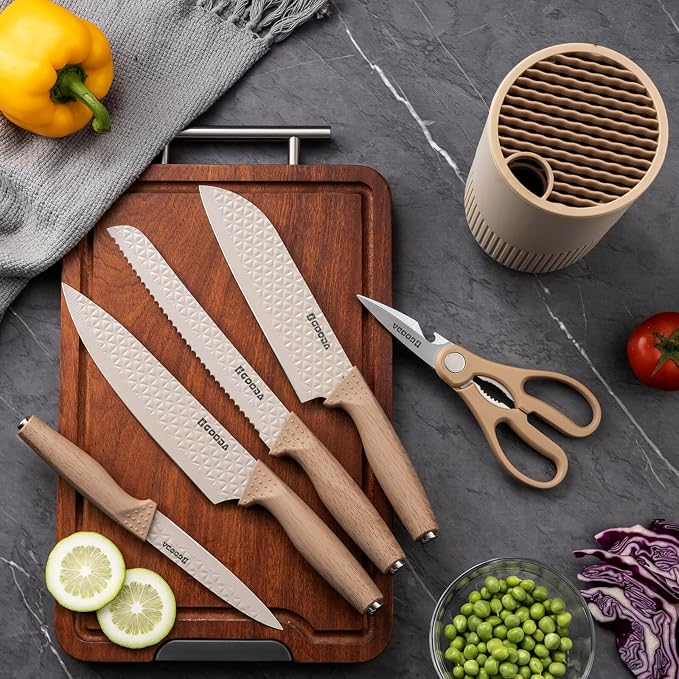 Kitchen Knife Set With Block,6-Piece Professional Chef Cooking Knives Set For Kitchen,Non-Stick Stainless Steel Knife Block Set