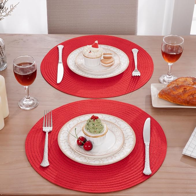 SHACOS 15 inch Round Placemats Set of 6 Braided Non Slip Washable Place Mats for Dining Tables Kitchen Table Mats Home Wedding Party Decor (Red, 6)