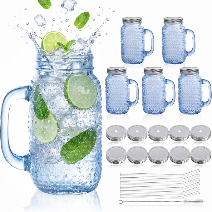 DaYammi 6 Pack 24oz Hobnail Mason Jars Cups Drinking Glass Cups with Lids & Straws, Blue Wide Mouth Mason Jars Cups with Handle, Tumblers for Coffee Smoothies, Iced Tea, Juice, Beer, Cocktail, Whiskey