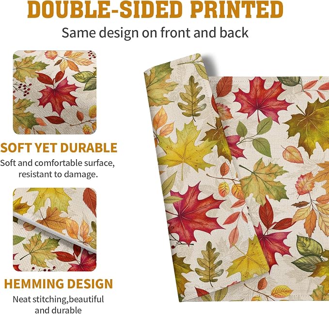 Fall Maple Leaves Placemats Set of 4 12x18 Inch Thanksgiving Autumn Colorful Leaf Dining Table Mats Rustic Seasonal Farmhouse Place Mats for Kitchen Party Home Decoration